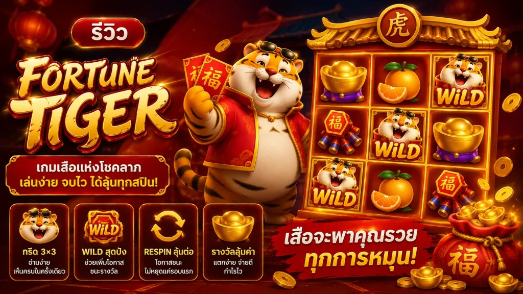 รีวิว Fortune Tiger พร้อม Grid 3×3, Wild, Respin และองค์ประกอบธีมเสือมงคล