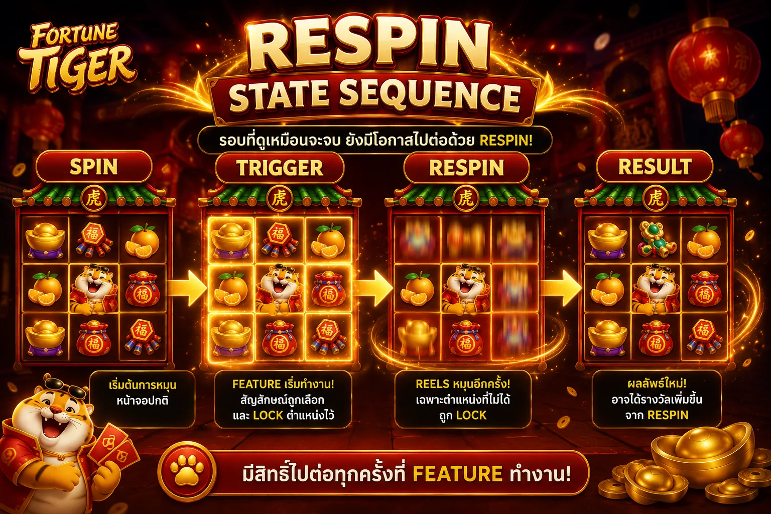 ลำดับ Spin Trigger Respin และ Result ของ Fortune Tiger