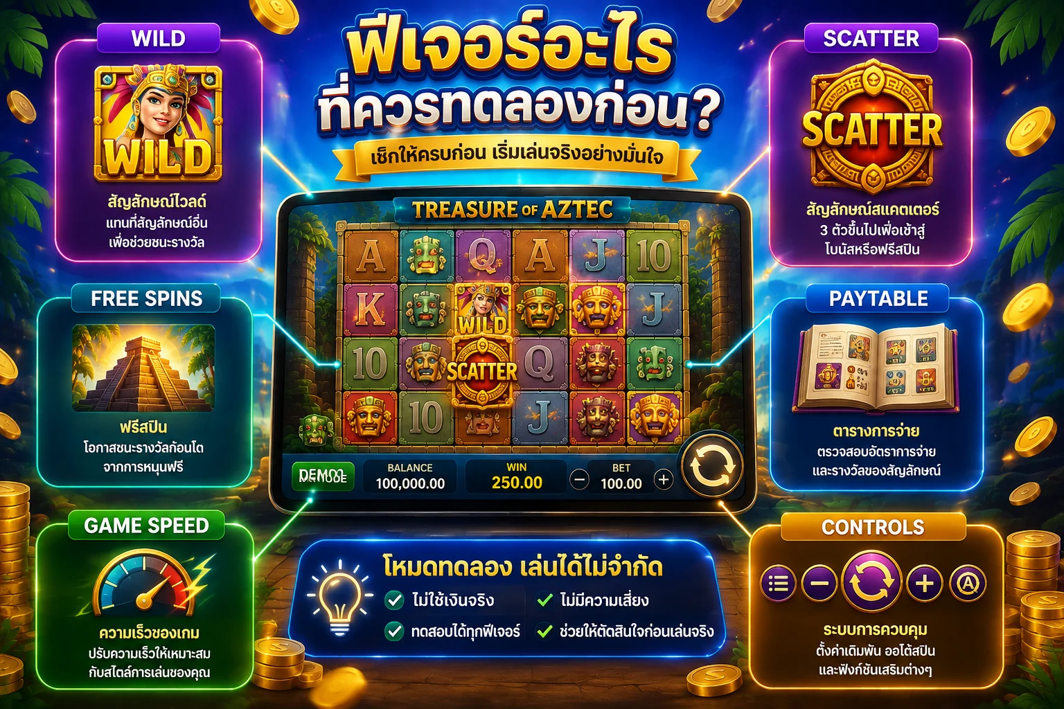 ภาพสรุปฟีเจอร์ที่ควรตรวจสอบเมื่อทดลองเล่นสล็อต เช่น Wild Scatter Free Spins และ Paytable