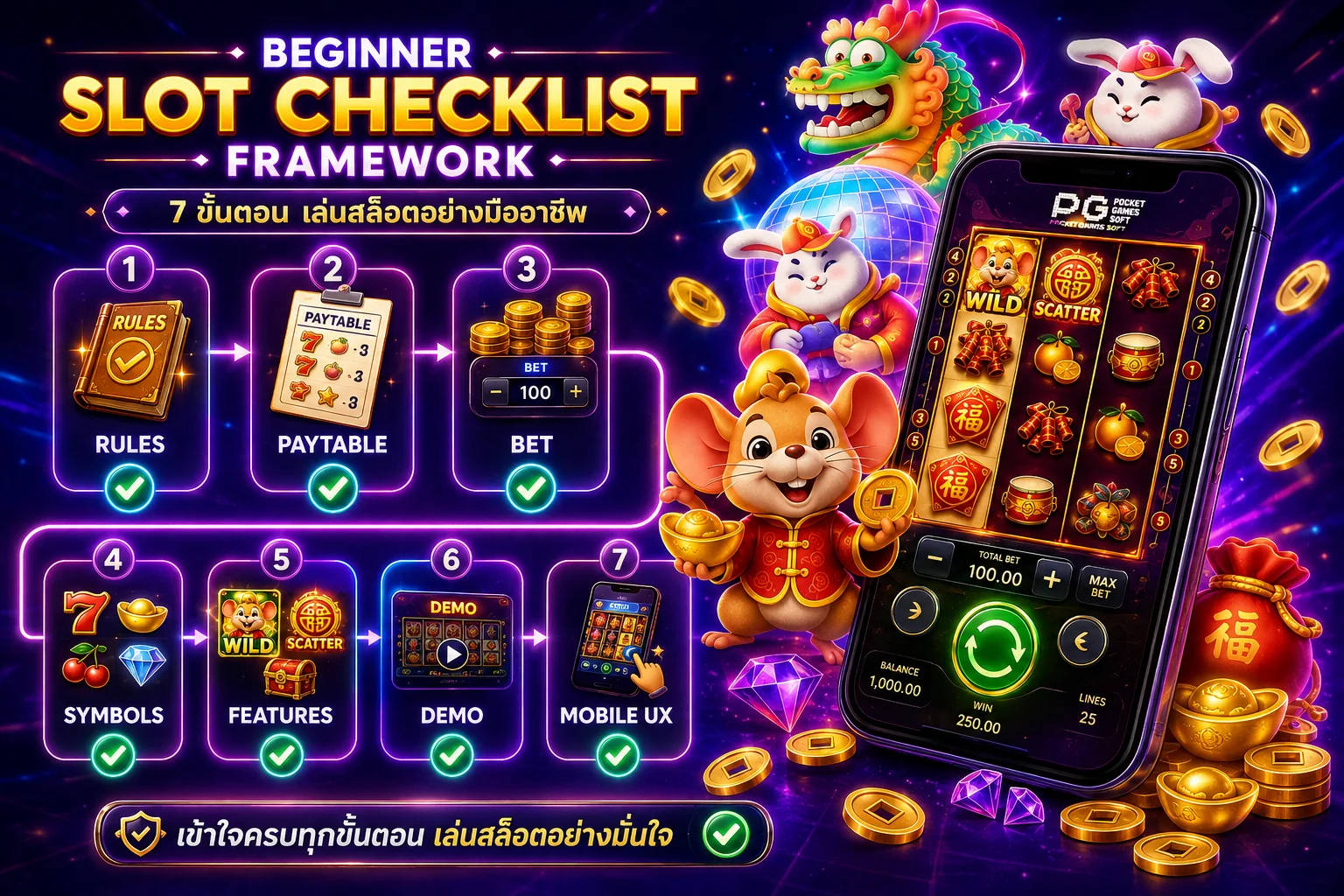 ภาพ Checklist วิธีเล่นสล็อตสำหรับผู้เริ่มต้น ตั้งแต่ Rules Paytable Bet Symbols Features Demo และ Mobile UX