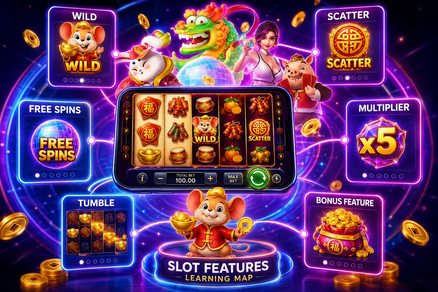 ภาพแผนผังฟีเจอร์เกมสล็อต Wild Scatter Free Spins Multiplier Tumble และ Bonus Feature