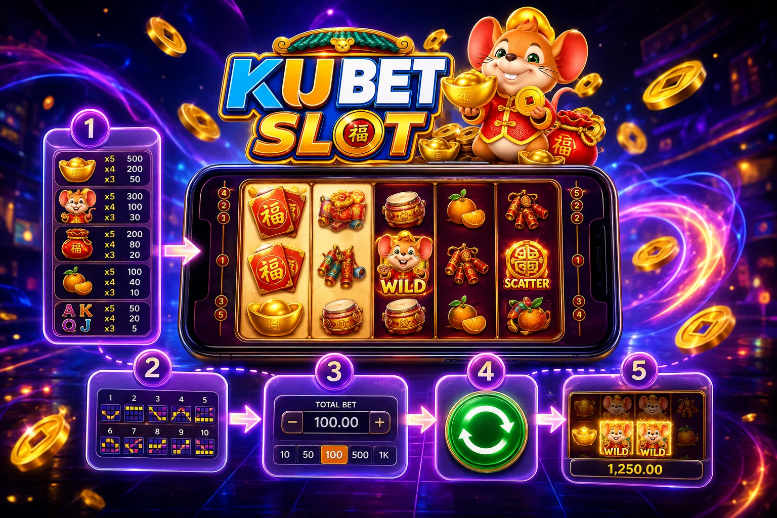 ภาพอธิบายวิธีเล่นสล็อตตั้งแต่ Paytable รูปแบบการจ่าย Bet Spin และผลลัพธ์