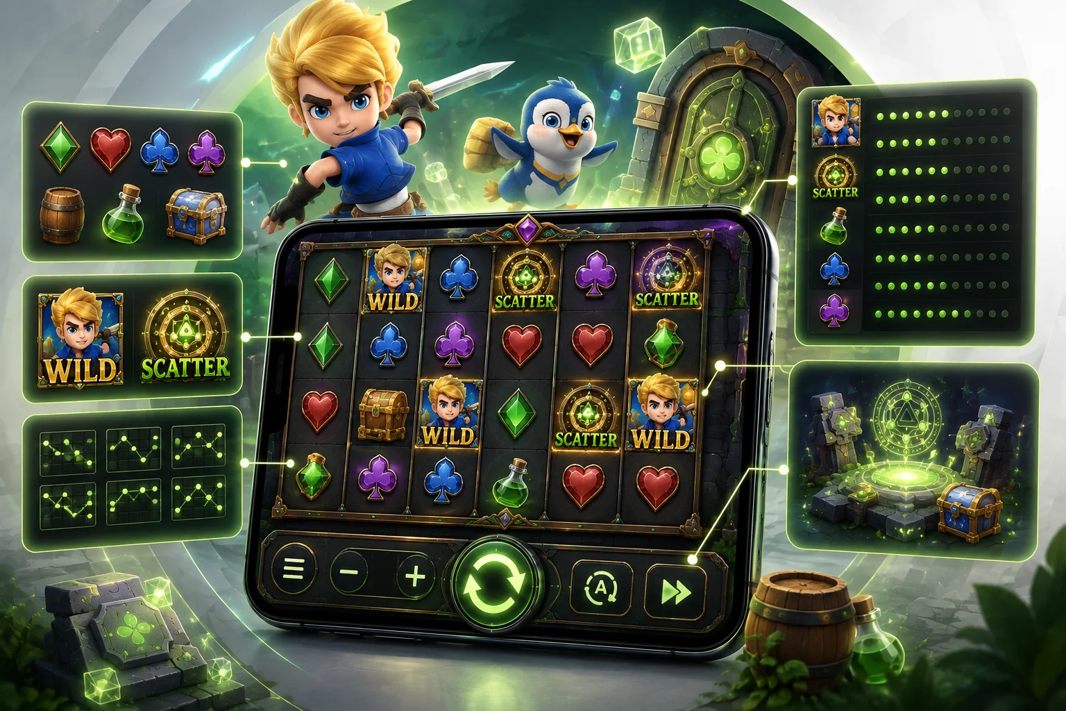 ภาพอธิบายส่วนประกอบของเกมสล็อต วงล้อ สัญลักษณ์ ตารางจ่าย ปุ่มควบคุม และฟีเจอร์