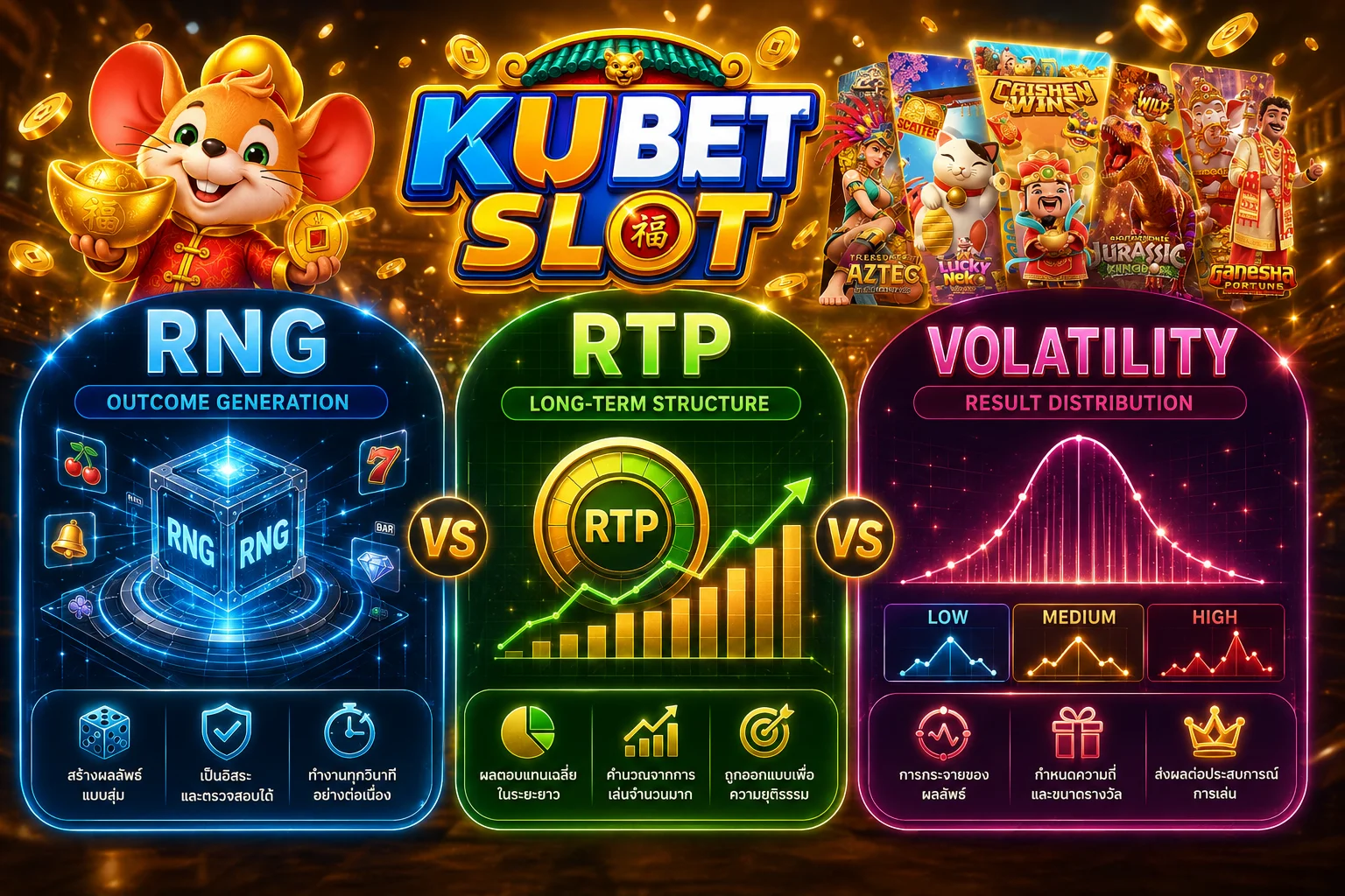 ภาพเปรียบเทียบความแตกต่างระหว่าง RNG RTP และ Volatility
