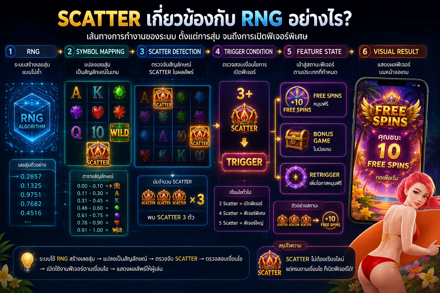 โครงสร้าง RNG Symbol Mapping Scatter Detection และ Feature Trigger ในเกมสล็อต