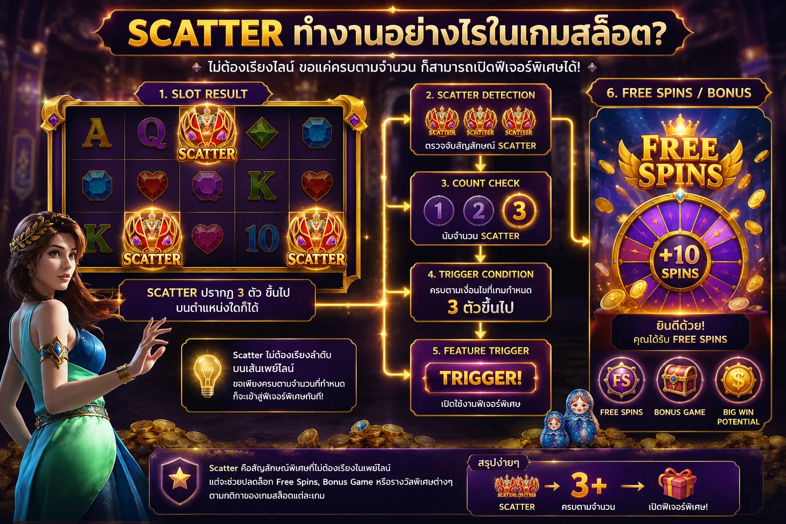 โครงสร้างการทำงานของ Scatter Symbol และการเปิด Free Spins หรือ Bonus Feature