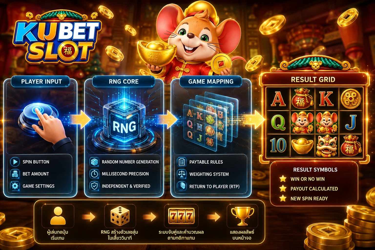 ภาพอธิบายขั้นตอนการทำงานของ RNG สล็อต ตั้งแต่ Player Input ไปจนถึง Result Grid