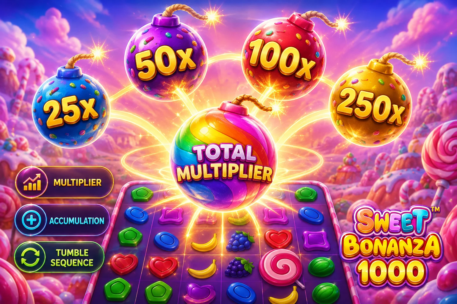 ระบบ Candy Bomb Multiplier ของ Sweet Bonanza 1000