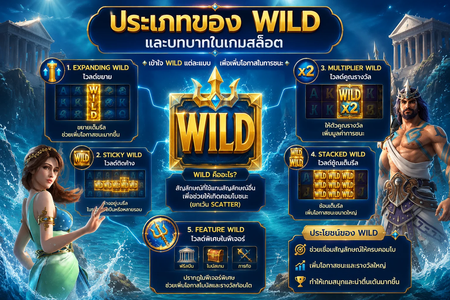 ประเภทของ Wild สล็อต เช่น Expanding Sticky Walking และ Multiplier Wild